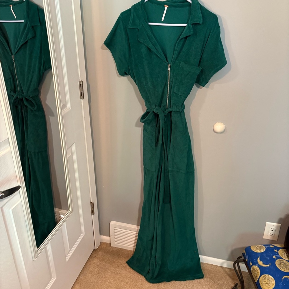 Free People Green Buttoned Jumpsuit with Notched Collar